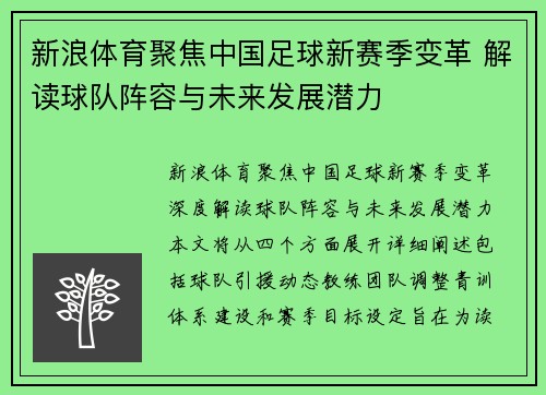 新浪体育聚焦中国足球新赛季变革 解读球队阵容与未来发展潜力