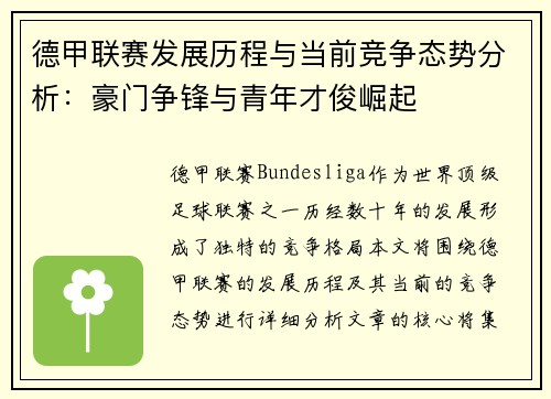 德甲联赛发展历程与当前竞争态势分析：豪门争锋与青年才俊崛起
