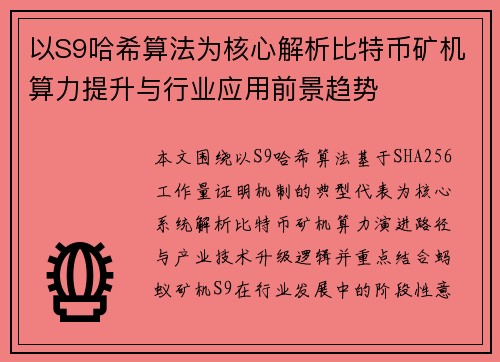 以S9哈希算法为核心解析比特币矿机算力提升与行业应用前景趋势